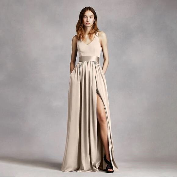 WHITE Vera Wang V-Neck Halter Gown Bridesmaid Dress Belted Bow Slit Size 4 Event - Picture 1 of 12